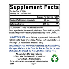 Best Naturals caffeine pills bottle back view shows 200 mg per tablet.