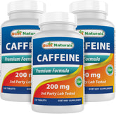 Best Naturals caffeine pills three-pack bottle front view for sustained clean energy.