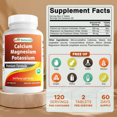 Best Naturals Calcium Magnesium Potassium bottle label highlights non-GMO gluten-free formula