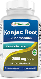 Best Naturals Konjac Root 2000mg bottle shows high-potency glucomannan for satiety support.