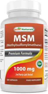 Best Naturals MSM 1000 mg capsules bottle highlighting purity and third-party testing