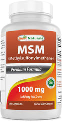 Best Naturals MSM 1000 mg capsules bottle highlighting purity and third-party testing