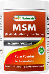 Best Naturals MSM powder bottle on shelf, signaling purity and quality.