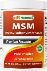 Best Naturals MSM powder bottle on shelf, signaling purity and quality.