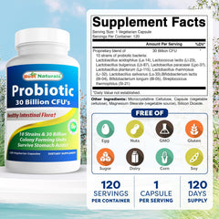 Best Naturals Probiotic capsules close-up—10 strains for diverse intestinal flora.