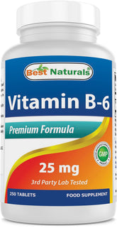Best Naturals Vitamin B-6 bottle shown, supports nervous system function.