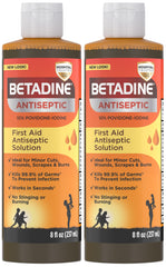 Betadine antiseptic solution bottle pouring for quick wound cleaning.