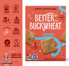 Crispy texture of Better With Buckwheat crackers with visible sea salt.