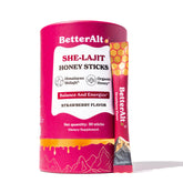BetterAlt SHE-Lajit Strawberry Honeysticks packaging for travel-friendly daily wellness.