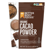 BetterBody Foods Organic Cacao Powder 32oz bag showcases rich unsweetened chocolate flavor for baking.