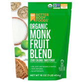 BetterBody Foods Organic Monk Fruit Sweetener bottle, zero calories, convenient sugar substitute for drinks and baking.