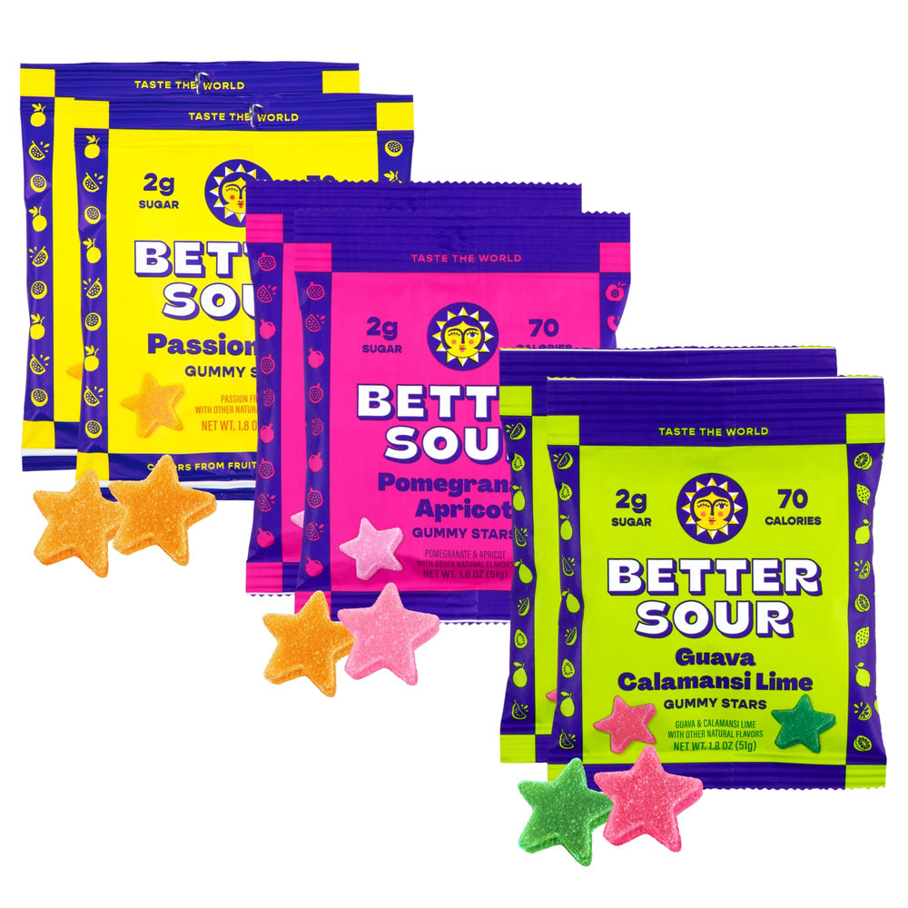 Better Sour variety-pack front view with vibrant star gummies, perfect for on-the-go snacking.