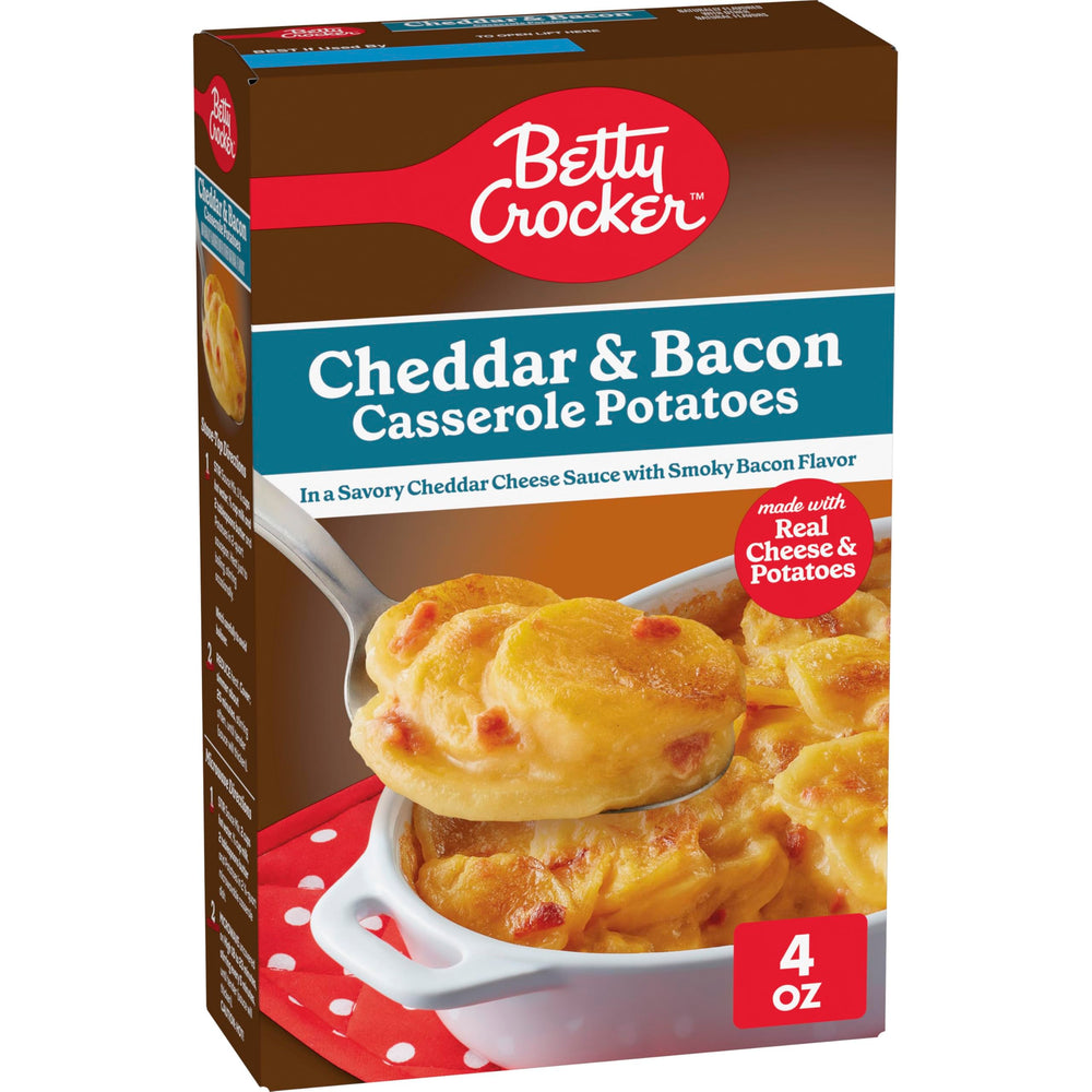 Betty Crocker Cheddar and Bacon Casserole Potatoes box showcases real cheese for a quick side.