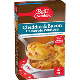 Betty Crocker Cheddar and Bacon Casserole Potatoes box showcases real cheese for a quick side.