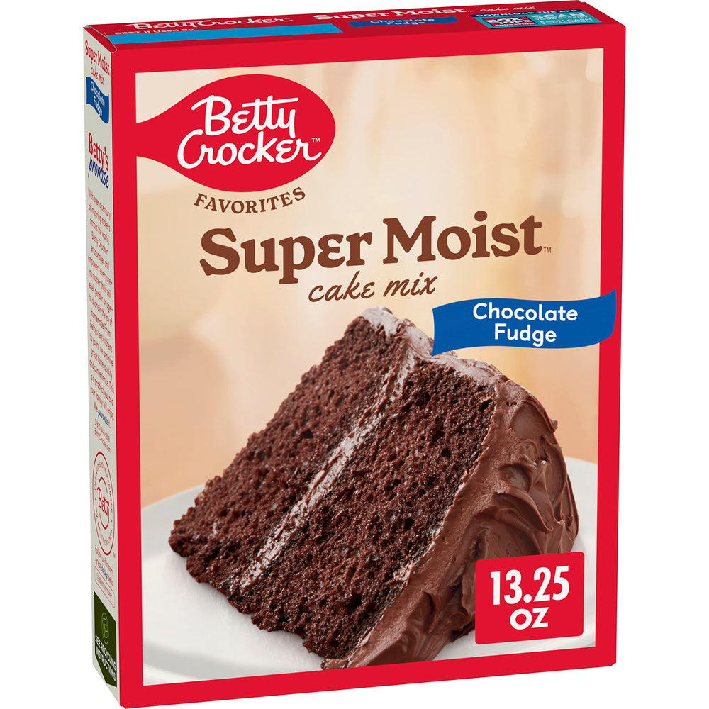 Betty Crocker Favorites Super Moist Chocolate Fudge Cake Mix box ready to bake for gatherings.