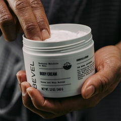 Bevel Body Cream texture demonstrates smooth, non-greasy finish on skin.