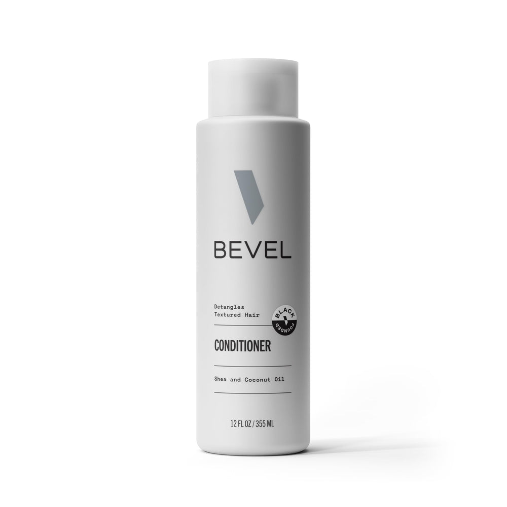Bevel conditioner bottle showing coconut oil and shea butter for hydrated hair