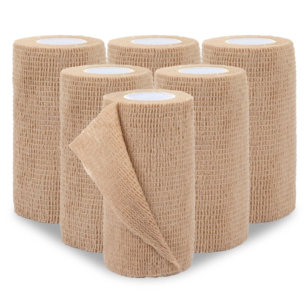BEVTEE self-adhesive bandage wrap six rolls laid out for quick, residue-free securing