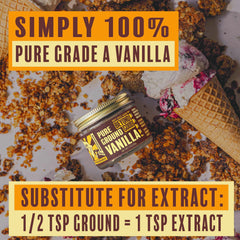 Close-up of vanilla powder on spoon emphasizes natural sun-dried depth and aroma.