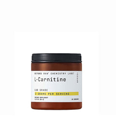BEYOND RAW Chemistry L-Carnitine powder tub showing lab-grade formula for energy support.