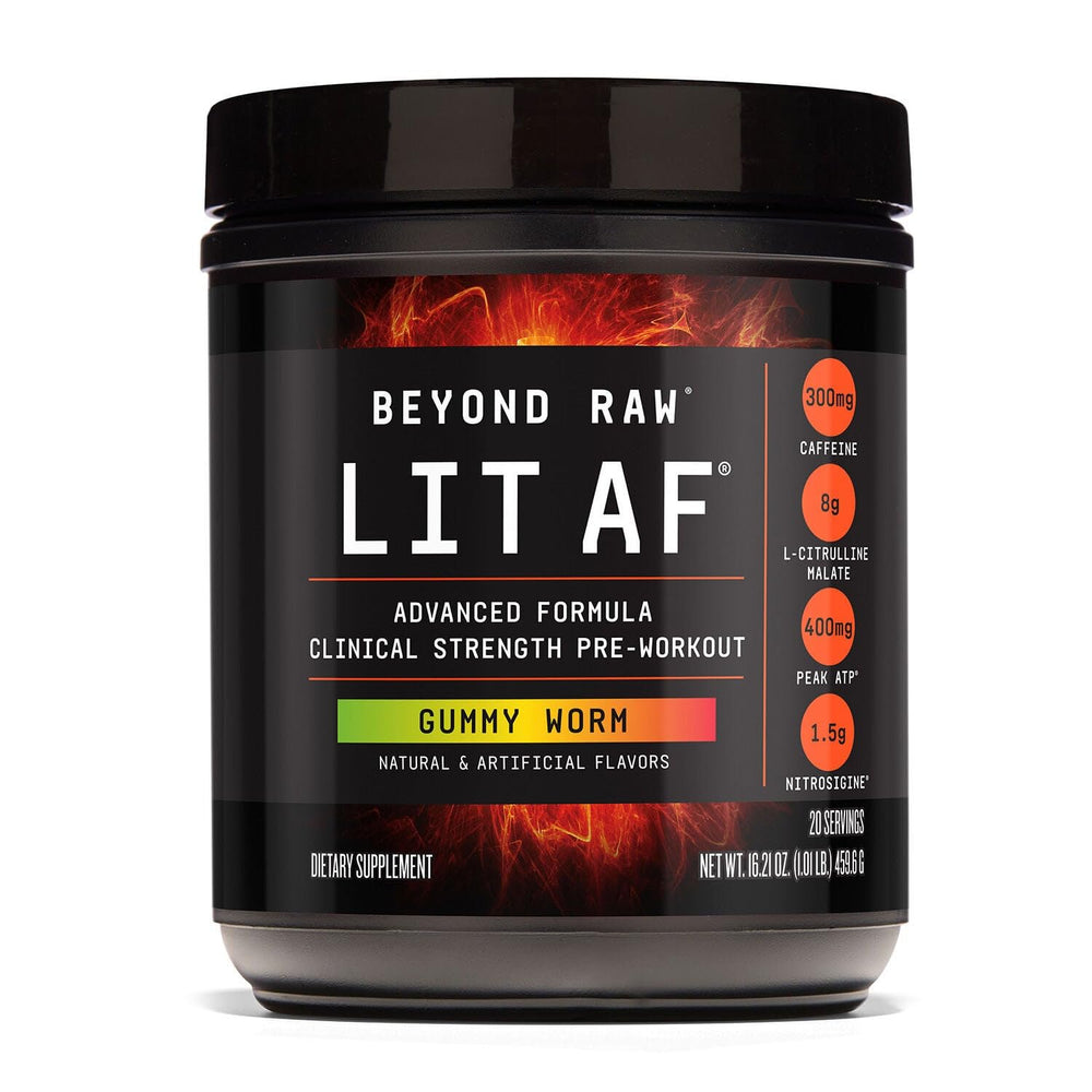 BEYOND RAW LIT tub label close-up shows sugar-free formula for focused workouts.