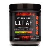 BEYOND RAW LIT tub label close-up shows sugar-free formula for focused workouts.