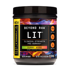 BEYOND RAW LIT V2 gummy worm bottle shows flavor richness for energized workouts