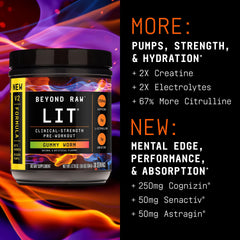 BEYOND RAW LIT V2 label closeup shows caffeine and electrolytes for hydration