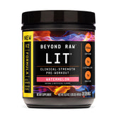 BEYOND RAW LIT V2 watermelon powder jar for a flavorful pre-workout energy boost.