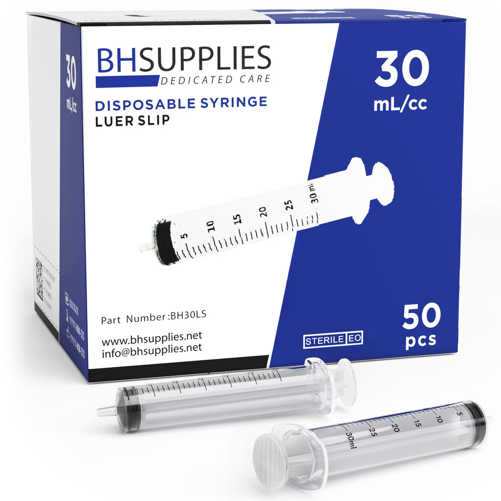 BH Supplies 30ml luer-slip syringe box showing sterile packaging for safe storage
