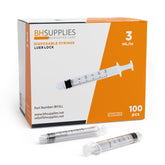 BH SUPPLIES 3ml Luer Lock syringe box front view highlighting compact packaging.