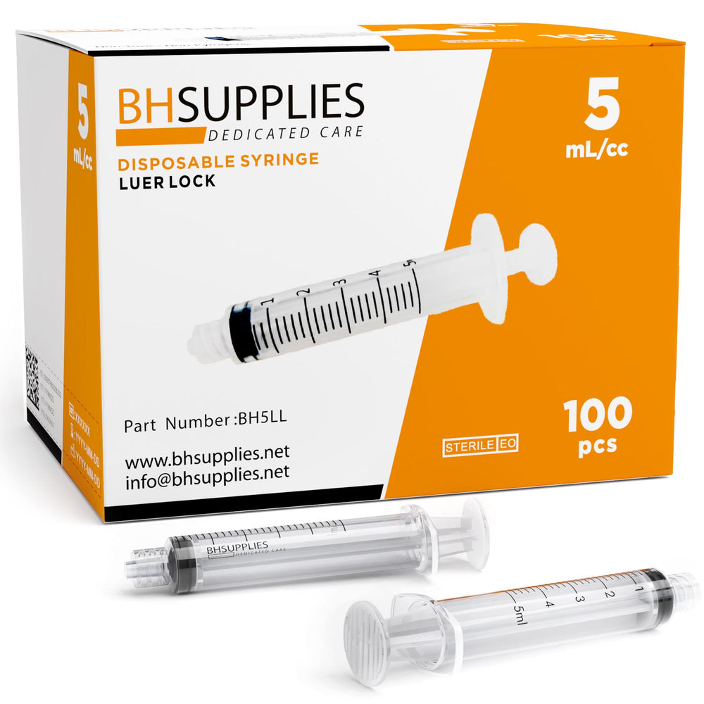 BH Supplies 5mL Luer Lock syringe with cap for leak-free, precise dosing.