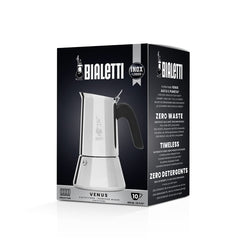 Venus 10-cup espresso maker ready for family mornings in polished steel.