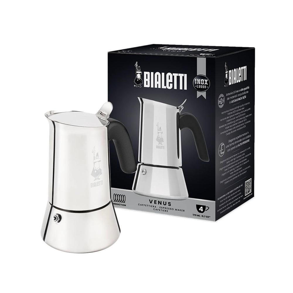 Bialetti Venus induction coffee maker, 4 cups, sleek stainless steel for authentic Italian coffee.