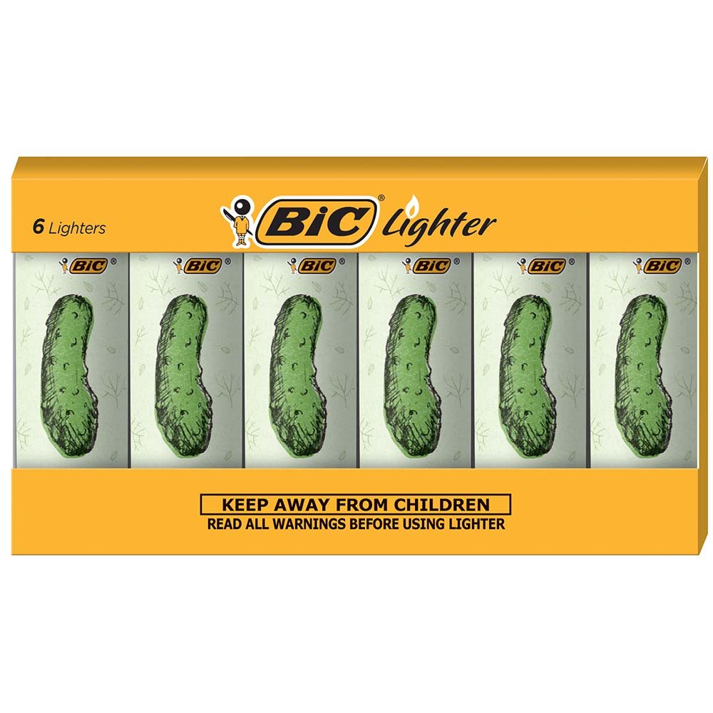 BIC Maxi Pocket Lighter with pickle design, perfect for quick candle lighting at gatherings.