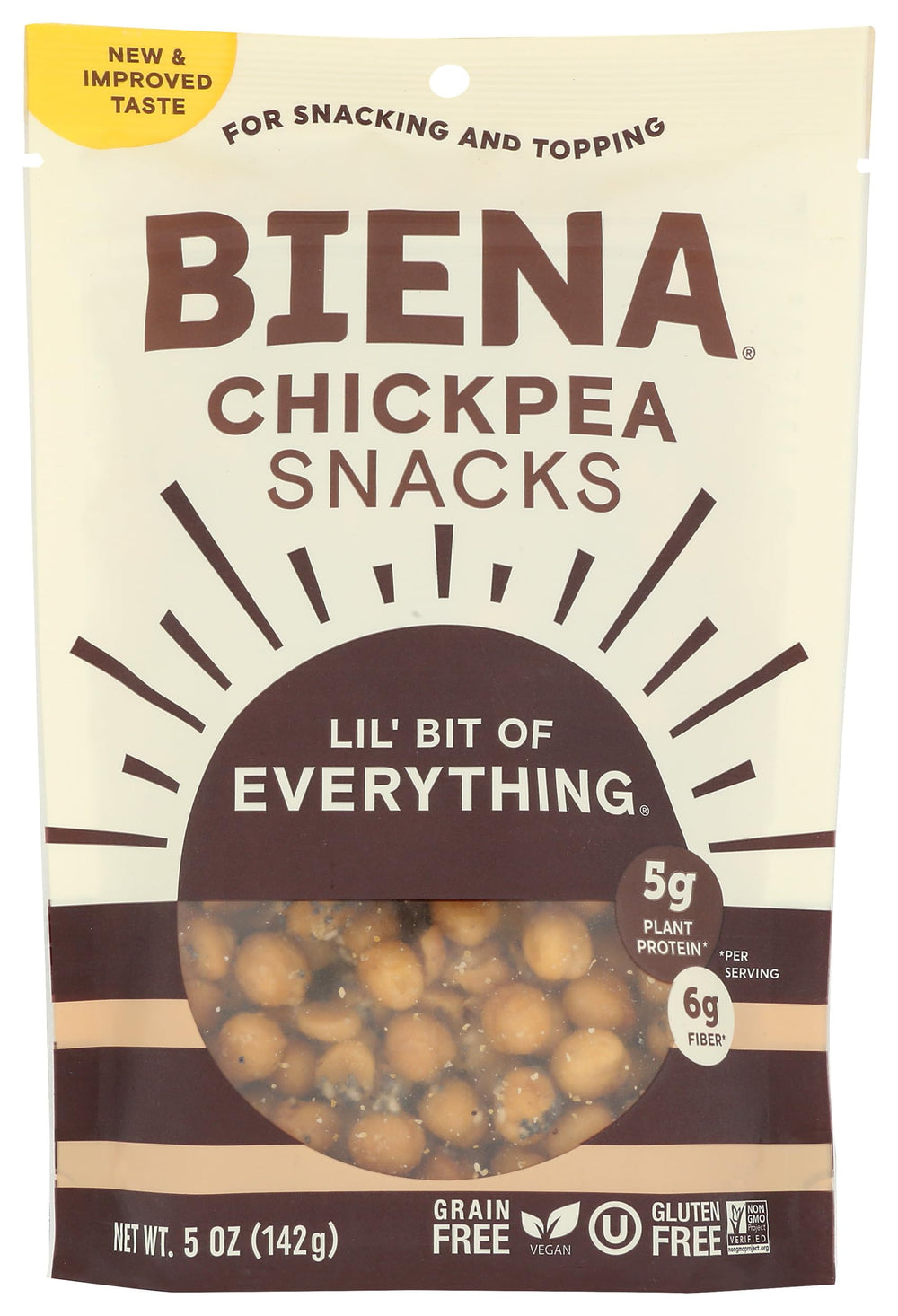 BIENA Lil Bit Evrythin pack front view, gluten-free chickpea snack.