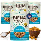 BIENA chickpea snacks sea salt crisp bag highlighting crunchy texture and protein