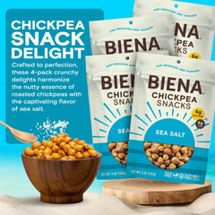 BIENA chickpeas front label shows gluten-free and vegan snack