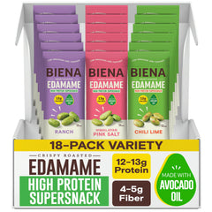 Biena Crispy Roasted Edamame Himalayan Pink Salt pouch close-up for on-the-go protein.