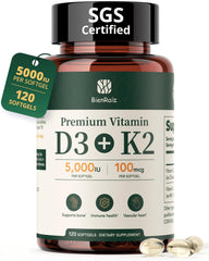 BienRaiz Vitamin D3 K2 bottle on countertop supports bone health and immune wellness