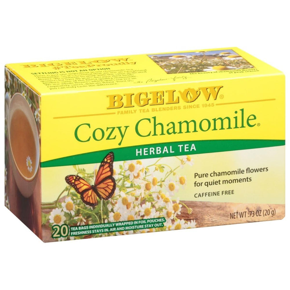 Bigelow Cozy Chamomile tea bags on a kitchen counter for a calming moment.