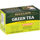 Bigelow Decaffeinated Green Tea with Lemon box front showing 120 bags for convenient at-home brewing.