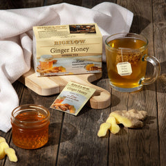 Bigelow Ginger Honey Plus Zinc tea bags in foil pouches for peak flavor and freshness.