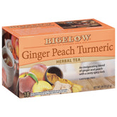 Bigelow Ginger Peach Turmeric tea box front, caffeine-free comfort ready to brew.