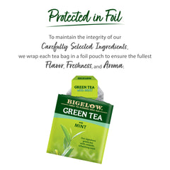Bigelow Green Tea with Mint foil packets for fresh aroma on the go.