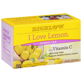 Bigelow I Love Lemon tea bags pack highlighting citrus flavor and vitamin C boost