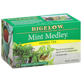 Bigelow Mint Medley tea bags show a caffeine-free spearmint and peppermint blend.