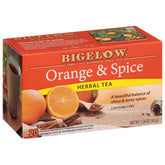Bigelow Orange & Spice Herbal Tea box showing caffeine-free, citrus-spice flavor appeal.