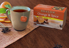 Bigelow Orange & Spice Herbal Tea tea bags in foil pouches preserve aroma and freshness.
