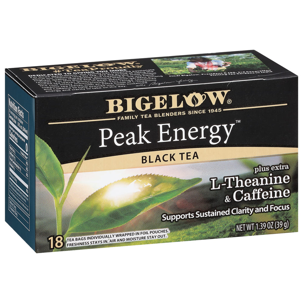 Bigelow Peak Energy tea bags in a six-pack box for easy pantry storage.